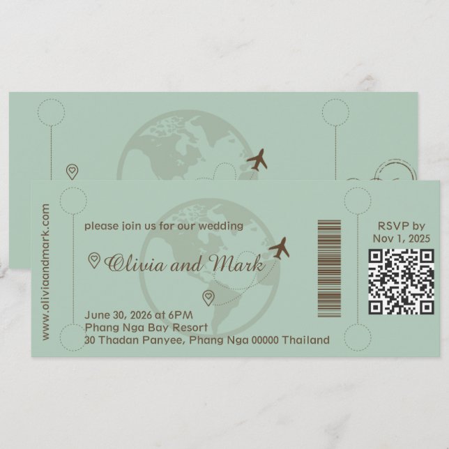 Boarding Pass RSVP-kort – Sage & Beige Inbjudningar (Fram/baksida)