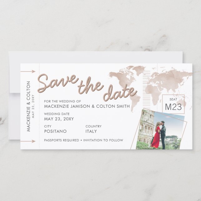 Boarding Pass Save Date Photo Tan World Map (Framsida)