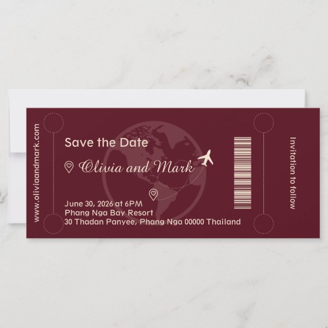 Boarding Pass Save the Date – Burgunder & Champagn (Framsida)