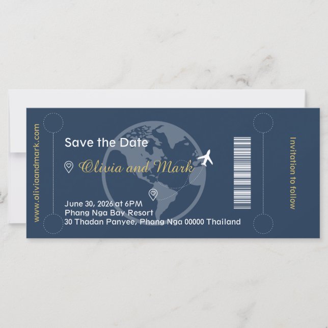 Boarding Pass Save the Date – Marinblå & Guld (Framsida)