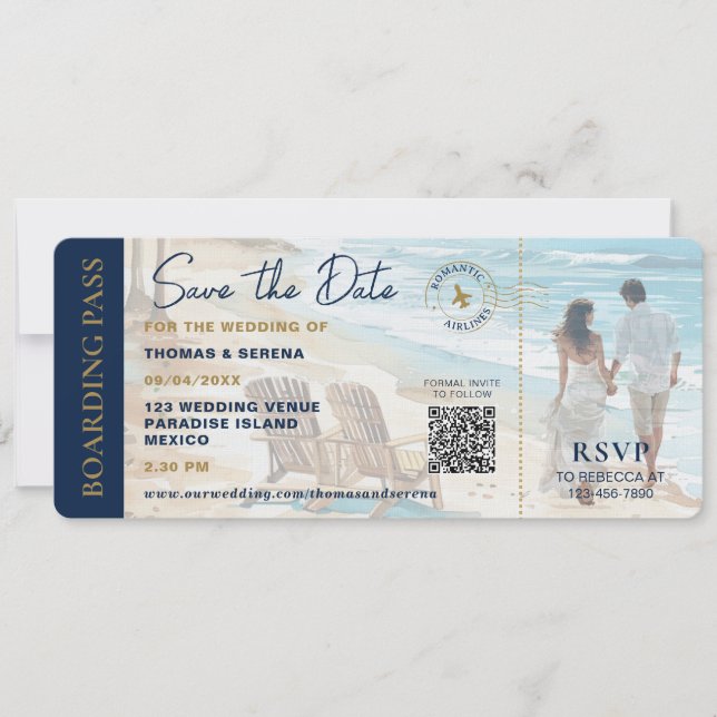 Boarding Pass Strand Save The Date QR-kod Bröllop Inbjudningar (Framsida)