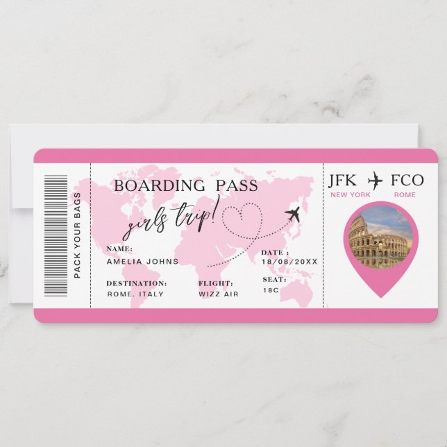 Boarding Pass Surprise Airline Biljett Girls Resa Inbjudningar (Framsida)