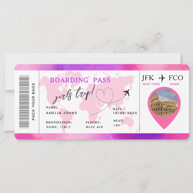 Boarding Pass Surprise Airline Biljett Girls Resa Inbjudningar (Framsida)
