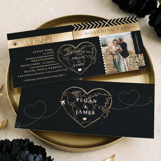 Boarding Pass Svart Guld Bröllop Spara Datumet Inbjudningar (Boarding Pass Black Gold Wedding Save The Date Invitation)