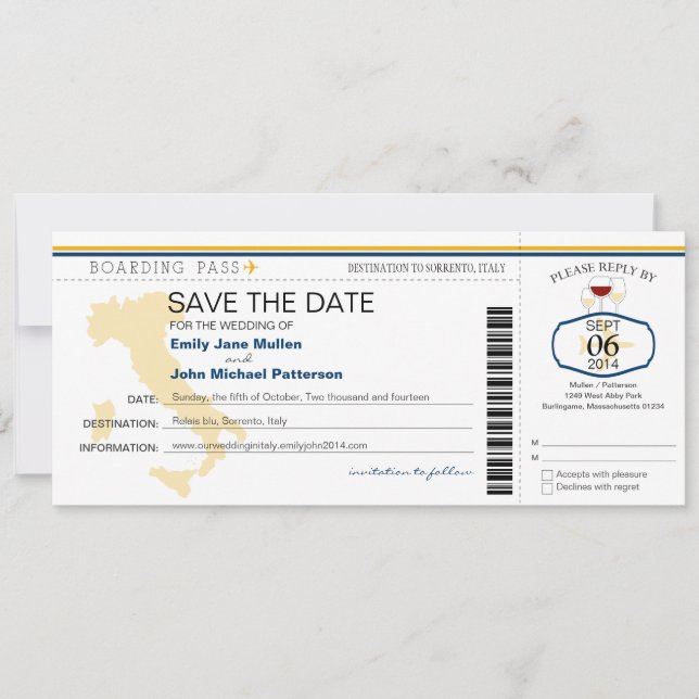 Boarding Pass till Italien Bröllopsinbjudan Spara Datumet (Framsida)