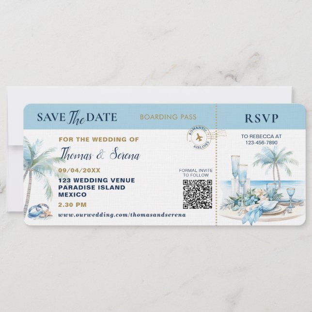 Boarding Pass Tropical Destination QR Code Wedding Inbjudningar (Framsida)