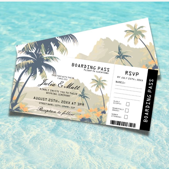 Boarding Pass Tropiskt Beach Bröllop Biljett RSVP  Inbjudningar (Boarding Pass Tropical Beach Wedding Ticket RSVP Invitation)