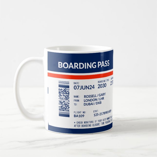 Boardingkort - blått och rött kaffemugg (Vänster)
