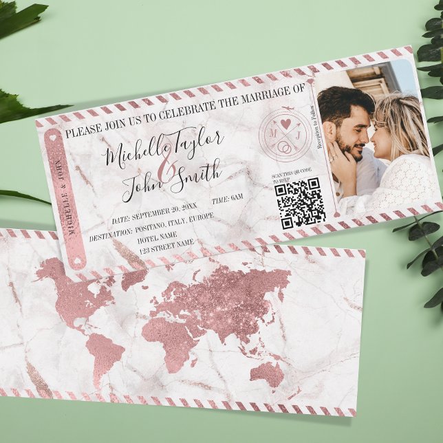 Boardingkortet QR Inv. för Guld på bestämmelsebröl Inbjudningar (rose gold world map boarding pass with photo)