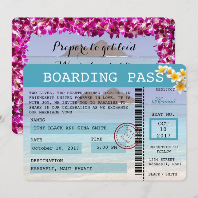Boardingkortsinbjudan Hawaii Bröllop Inbjudningar (Fram/baksida)