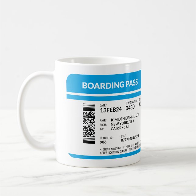 Boardingpass (blått) DOS Kaffemugg (Vänster)