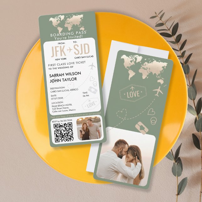 Boardingpass Flygplan Biljett-destinationsbröllop Inbjudningar (sage green vertical boarding pass wedding invitation with golden world map)