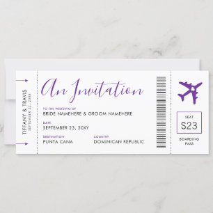 Boardingpass Flygplan Biljett Lila Travel Bröllop Inbjudningar