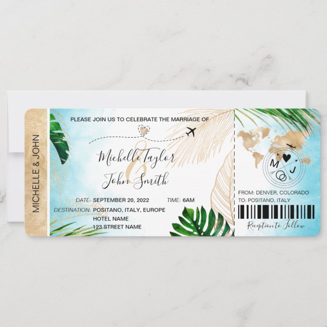 Boardingpass för destinationsbröllop Flygplan-stra Inbjudningar (Framsida)