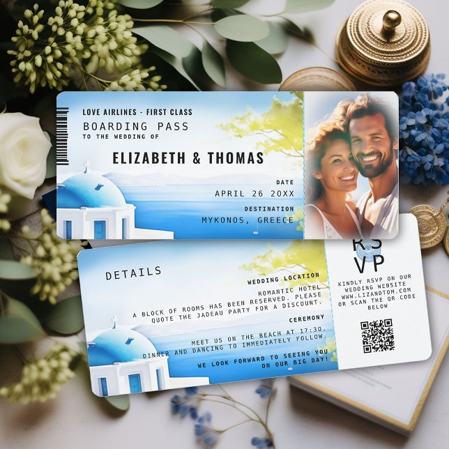 Boardingpass Greece Modern Destinationsbröllop Inbjudningar (destination wedding invitation boarding pass greek islands sea sky watercolor modern trendy photo)