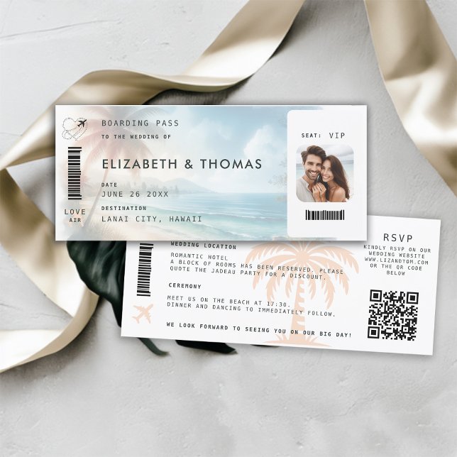 Boardingpass QR - alla Bröllop Inbjudningar (beach destination wedding invitation boarding pass qr code all in one tropical watercolor)