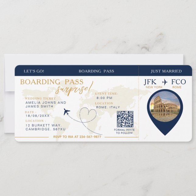 Boardingpass Surprise Airline Biljett bröllop Inbjudningar (Framsida)