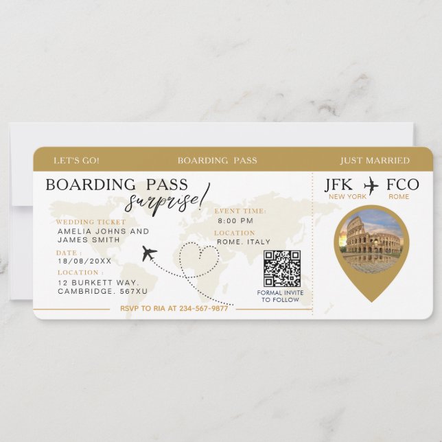 Boardingpass Surprise Airline Biljett bröllop Inbjudningar (Framsida)