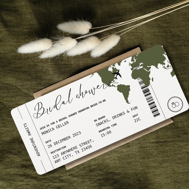 Boardingpass Travel Théd Möhippa Olive Inbjudningar (Bridal Shower Boarding Pass Olive Green Modern Unique Travel Themed)
