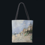 Boardpromenaden vid Trouville av Claude Monet Tygkasse<br><div class="desc">Boardpromenaden vid Trouville (1870) av Claude Monet är en vintage bra konstmålning med en strand på en strandplats i Normandie, Frankrike på en vacker solnydag. Om konstnären: Claude Monet (1840-1926) var en av grundarna av den Fransk målningsrörelsen och de flesta av hans målningar var "en plein luft" (i det öppna...</div>