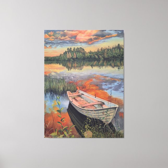 Boat at Sunset: Realistic Lake Reflection wall Art Canvastryck (Framsida)