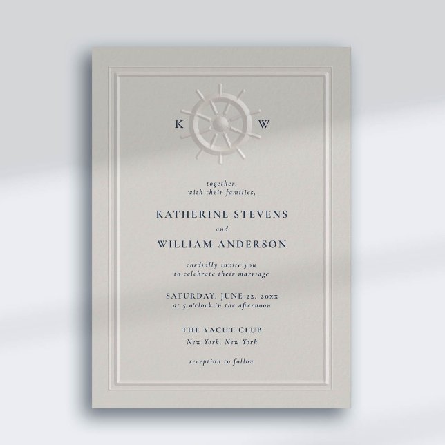 Boat Helm Faux Embossed Classic Ram Chic Bröllop Inbjudningar (nautical beach yacht coastal ocean wedding invitation faux embossed boat helm pearl classic frame)
