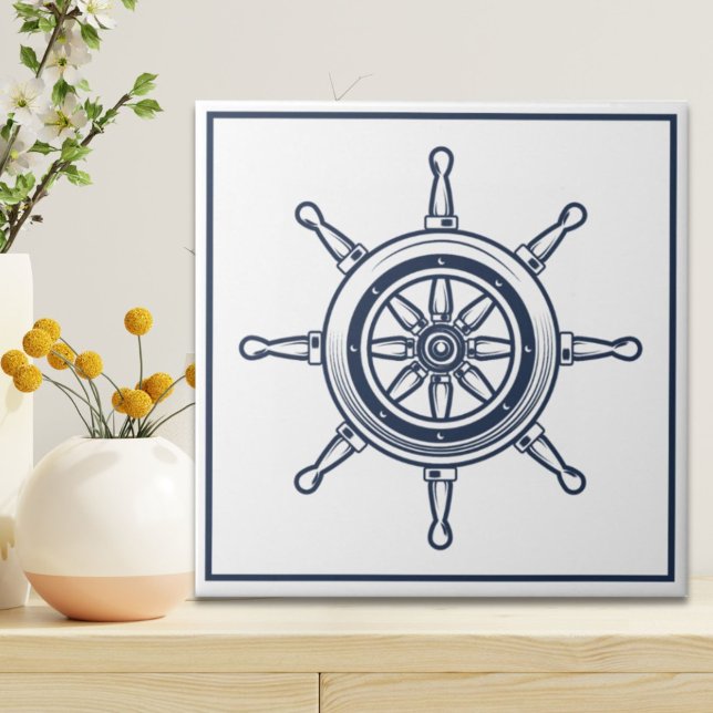 Boat-hjul för fartygsfartyg för havskusten, Nautic Kakelplatta (Nautical Coastal Blue Beach House Boat Ship Wheel Ceramic Tile)