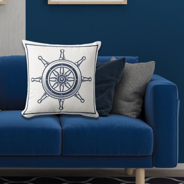 Boat-hjul för fartygsfartyg för havskusten, Nautic Kudde (Nautical Coastal Blue Beach House Boat Ship Wheel Throw Pillow)