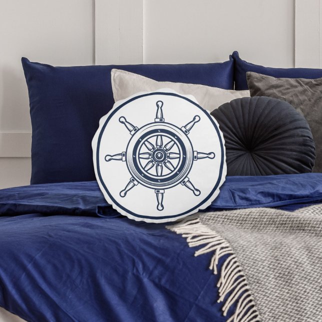 Boat-hjul för fartygsfartyg för havskusten, Nautic Rund Kudde (Nautical Coastal Blue Beach House Boat Ship Wheel Round Pillow)