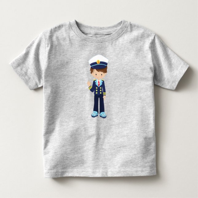 Boat Kapten, Skipper, Cute Boy, Brown Hair T Shirt (Framsida)