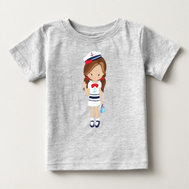 Boat Kapten, Skipper, Cute Girl, Brown Hair T Shirt (Framsida)