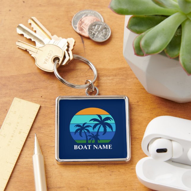 Boat Name Sun Palm Trees Blue Premium Fyrkantig Silverfärgad Nyckelring (Skrivbord)