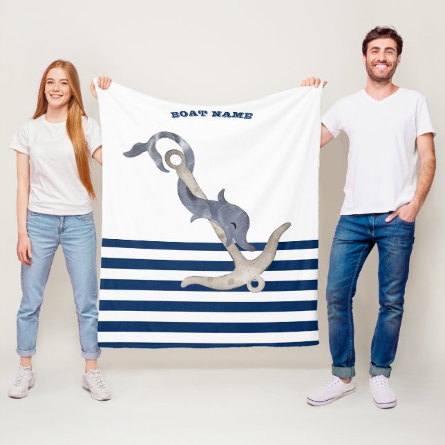 Boat Namn,Anchor Dolphin Navy Blue White Rand Fleecefilt (På plats)