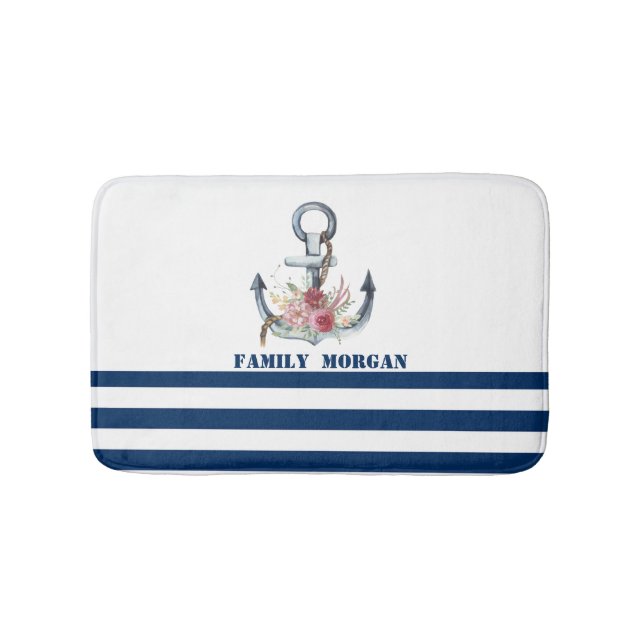 Boat Namn,Anchor Flowers Navy Blue Rand Badrumsmatta (Framsidan)