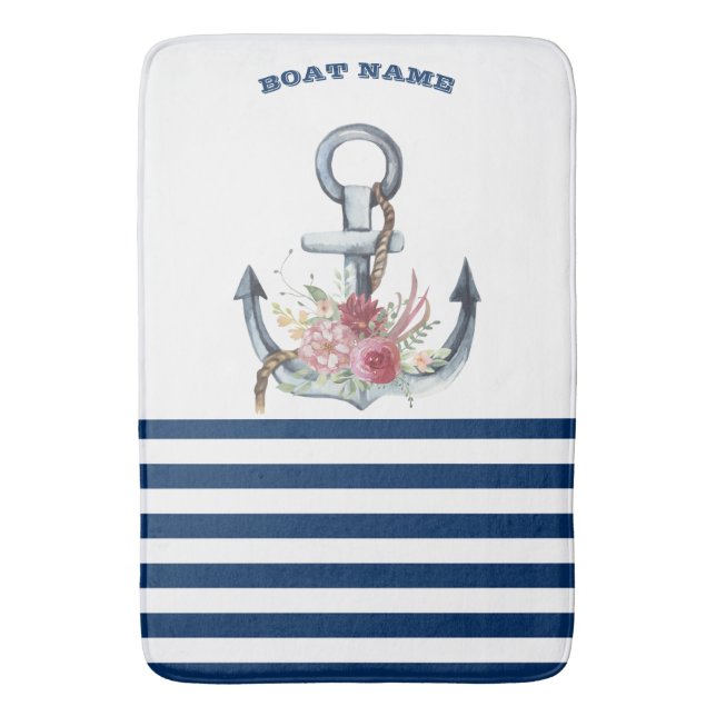 Boat Namn,Anchor Flowers Navy Blue Rand Badrumsmatta (Framsidan (Vertikal))