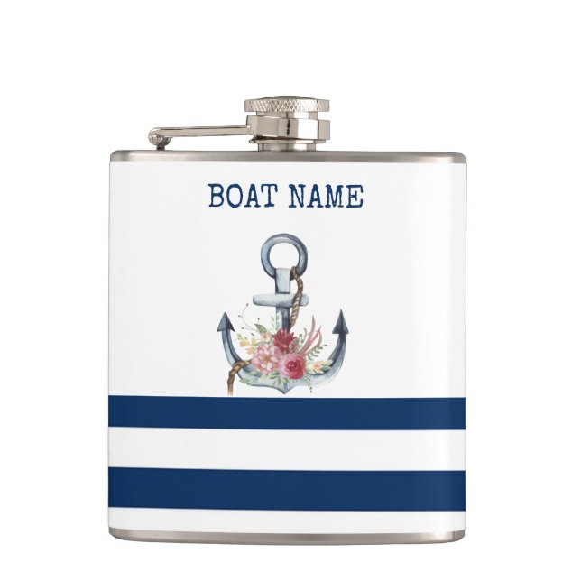 Boat Namn,Anchor Flowers Navy Blue Rand Fickplunta (Framsidan)