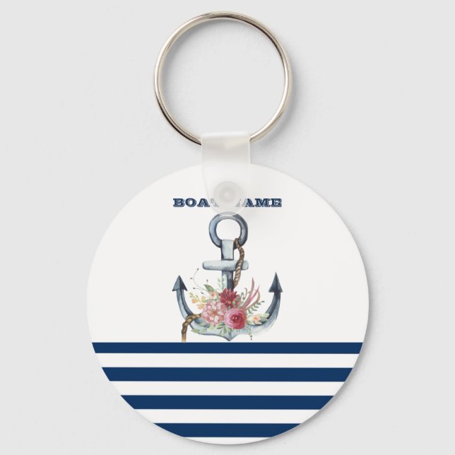 Boat Namn,Anchor Flowers Navy Blue Rand Nyckelring (Framsida)