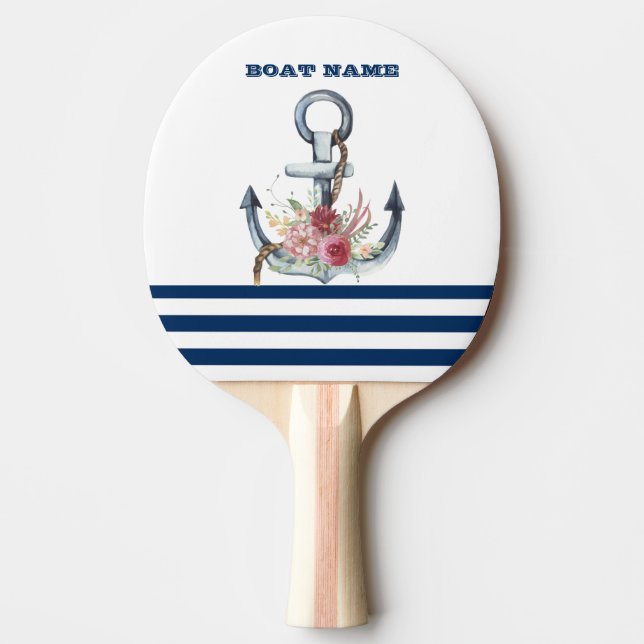 Boat Namn,Anchor Flowers Navy Blue Rand Pingisracket (Framsidan)