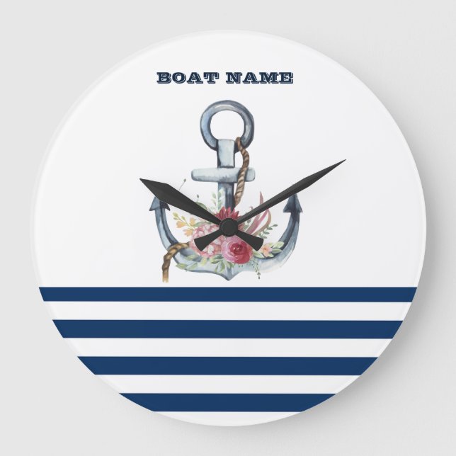 Boat Namn,Anchor Flowers Navy Blue Rand Stor Klocka (Framsida)