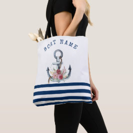 Boat Namn,Anchor Flowers Navy Blue Rand Tygkasse