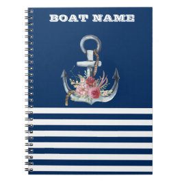 Boat Namn,Anchor Flowers Navy Blue Stripe Anteckningsbok