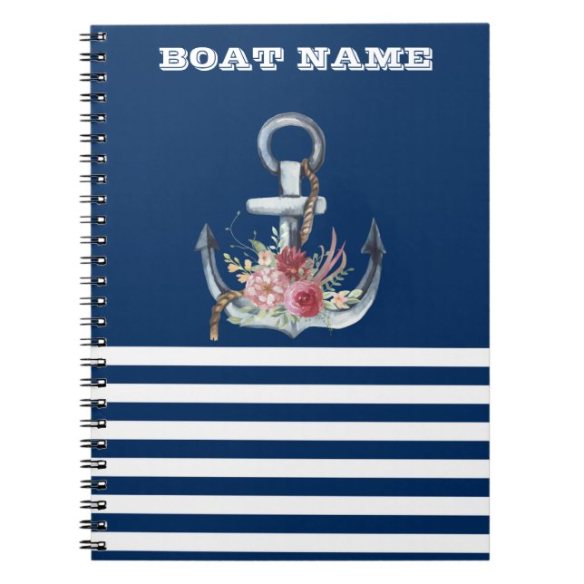 Boat Namn,Anchor Flowers Navy Blue Stripe Anteckningsbok (Framsidan)