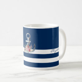 Boat Namn,Anchor Flowers Navy Blue Stripe Kaffemugg