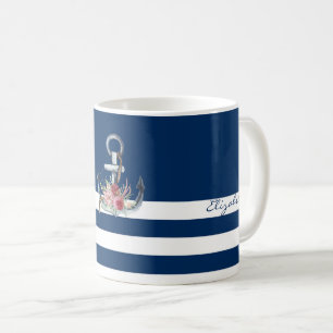 Boat Namn,Anchor Flowers Navy Blue Stripe Kaffemugg