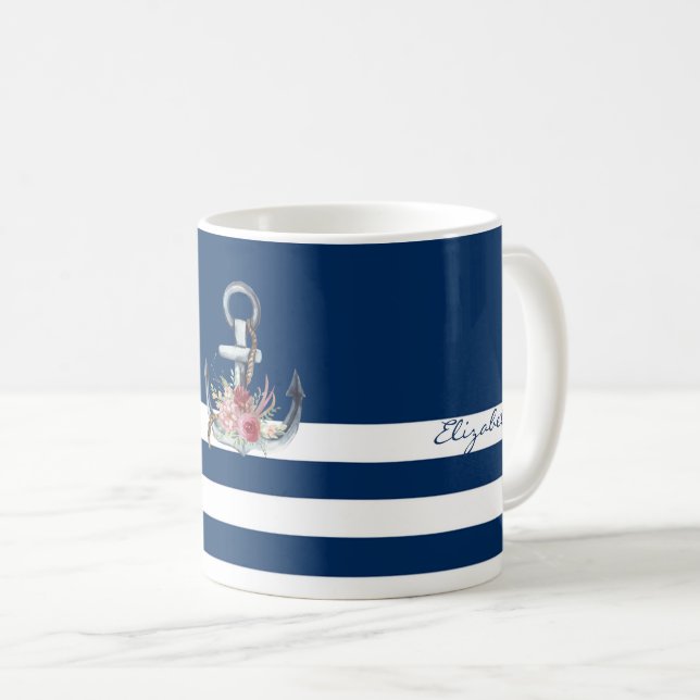 Boat Namn,Anchor Flowers Navy Blue Stripe Kaffemugg (Framsida höger)