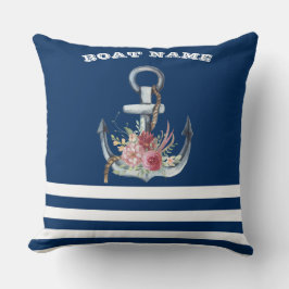 Boat Namn,Anchor Flowers Navy Blue Stripe Kudde