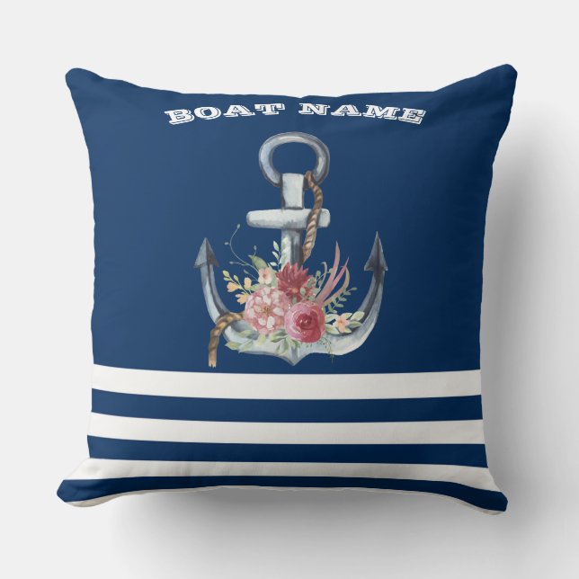 Boat Namn,Anchor Flowers Navy Blue Stripe Kudde (Framsida)