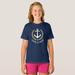Boat Namn Anchor Guld Laurel Löv Navy Girls T Shirt