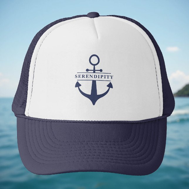 Boat Namn Anchor Navy Blue White Personlig Keps (personalized hat boat name captain nautical coastal beach ocean sea waterfront yacht gift)