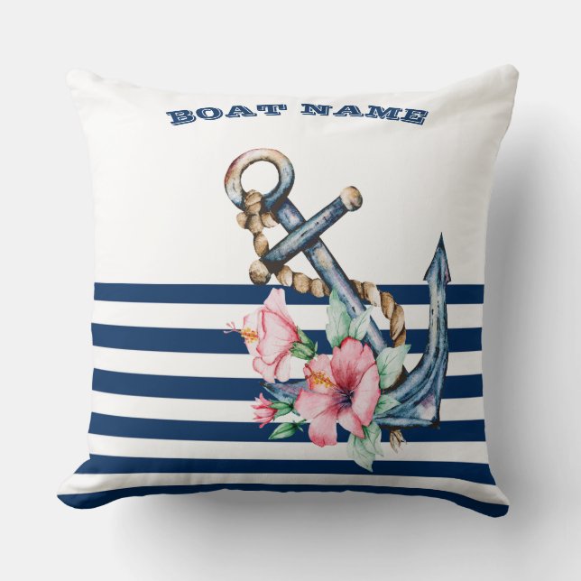 Boat Namn,Blommigt Anchor Navy Blue Rand Kudde (Framsida)